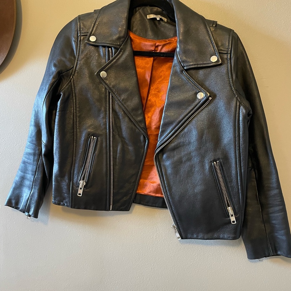 Ganni Black Leather Moto Jacket with Orange Lining